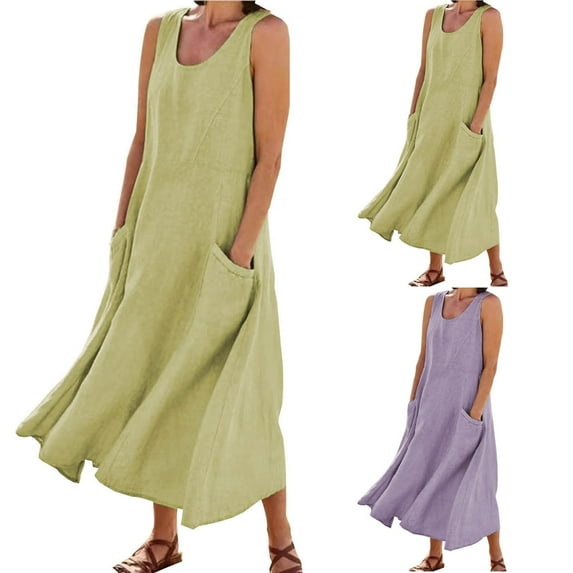 Feancey Casual Maxi Dresses for Women Plus Size Loose Linen Dress Summer Sleeveless Round Neck Sundress Flowy Pleated Beach Long Dress with Pockets Sales Today