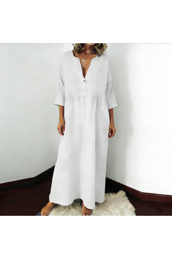 Casual Maxi Dresses for Women Cotton Linen 3/4 Sleeve Shift Dress Button Up V Neck Loose Fit Summer Dresses Solid Color House Dress White XXL