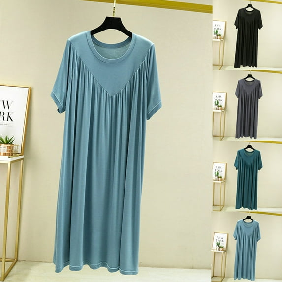 Feancey Casual Nightgowns for Women Short Sleeve Pleated Sleep Dress Solid Color Loose Modal Nightdress Soft Cozy Loungewear Sale Of The Day Black XL