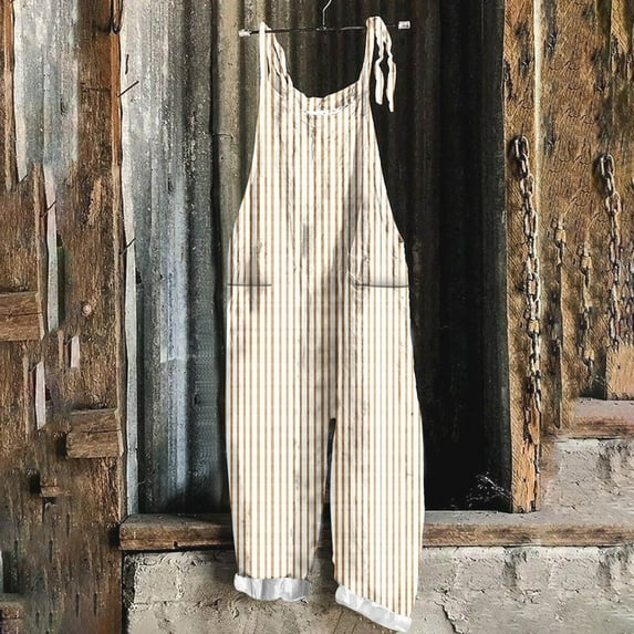 Feancey Casual Overalls for Women Plus Size Sleeveless Linen Jumpsuits Summer Striped Printed Wide Leg Rompers Boho Baggy Playsuits with Pockets Beige L
