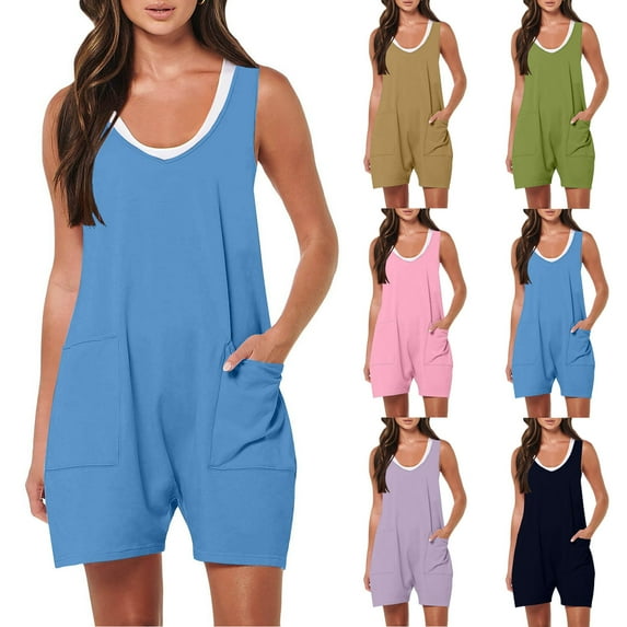 Feancey Casual Rompers for Women Summer Sleeveless V Neck Shorts Overalls Solid Color Loose One-Piece Jumpsuit Trendy Vacation Outfit with Pockets Sale of The Day Dark Blue L