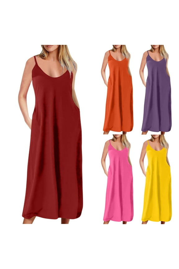 Casual Slip Dress for Women Loose Fit Plus Size Maxi Dresses Summer Sleeveles V Neck Cami Dress Oversized Trendy Beach Vacation Dresses with Pockets Wine 3XL