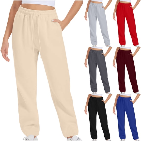 Feancey Casual Sweatpants for Women Straight Leg Loose Workout Pants Elastic Waist Drawstring Athletic Trousers with Pockets Red S