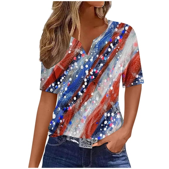 Feancey Casual Tunic Tops for Women Button Up V Neck Henley Shirts 4th of July American Flag Sequin Striped Print Dressy Blouses Summer Short Sleeve Casual Patriotic Tees