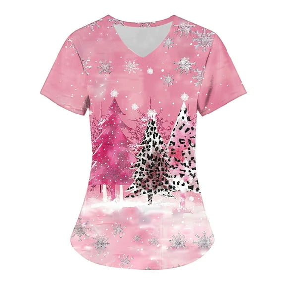 Feancey Chirtsmas Womens Scrub Tops Fashion Printed Work Uniform T-Shirt Stretchy V Neck Short Sleeve Nurse Shirts Xmas Casual Tunic Blouse with Pockets Multicolor XXL