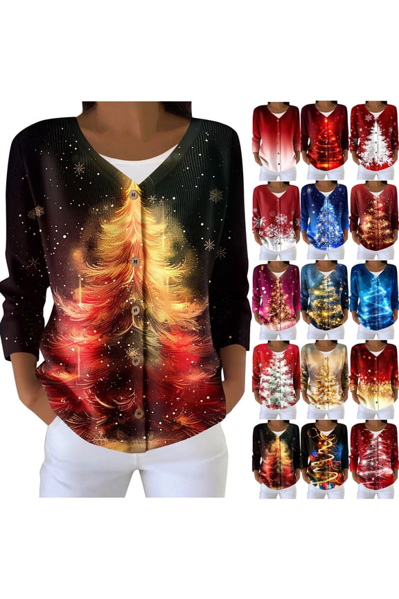 Christmas Cardigans for Women Plus Size Trendy Xmas Tree Print Button Cardigan Sweaters Ribbed Knit Casual Long Sleeve Sweater Jackets Blue S