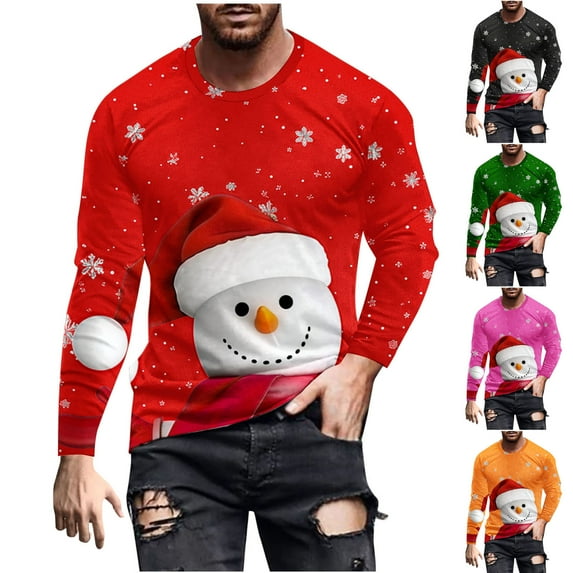Feancey Christmas Men's Vintage Christmas Long Sleeve Tshirts 3D Snowman Print Crewneck Tops Big And Tall Xmas Graphic Tees for Men Fashion Hipster Tee Shirts Red S