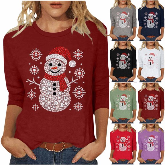 Feancey Christmas Cute Tops for Women Plus Size 3/4 Sleeve Snowman Graphic Tees Dressy Casual Xmas Holiday T Shirts Loose Fit Breathable Crewneck Tee L