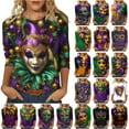 thumbnail image 1 of Feancey Mardi Gras Trendy Tops for Women 3/4 Length Sleeve Crew Neck T Shirts Novelty Mask Print Graphic Tee Holiday Casual Loose Carnival Party Blouse Multicolor S, 1 of 6