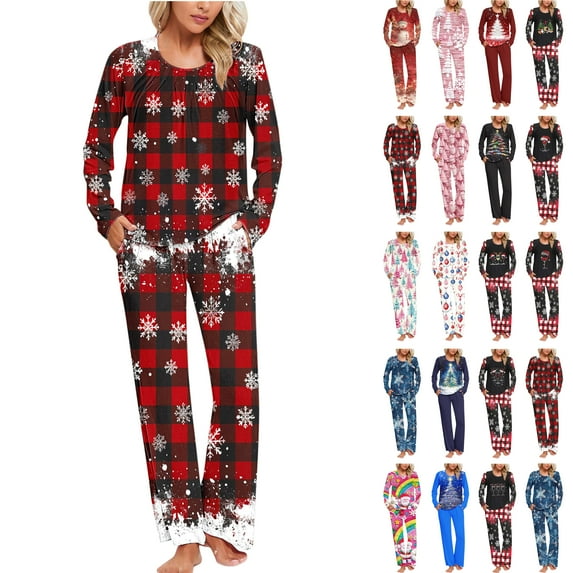 Feancey Christmas Gifts Womens Pj Set Holiday Casual Plaid Snowflake Print Long Sleeve Shirt and Pant Sets Comfy Loose Pajama Two Piece Red M
