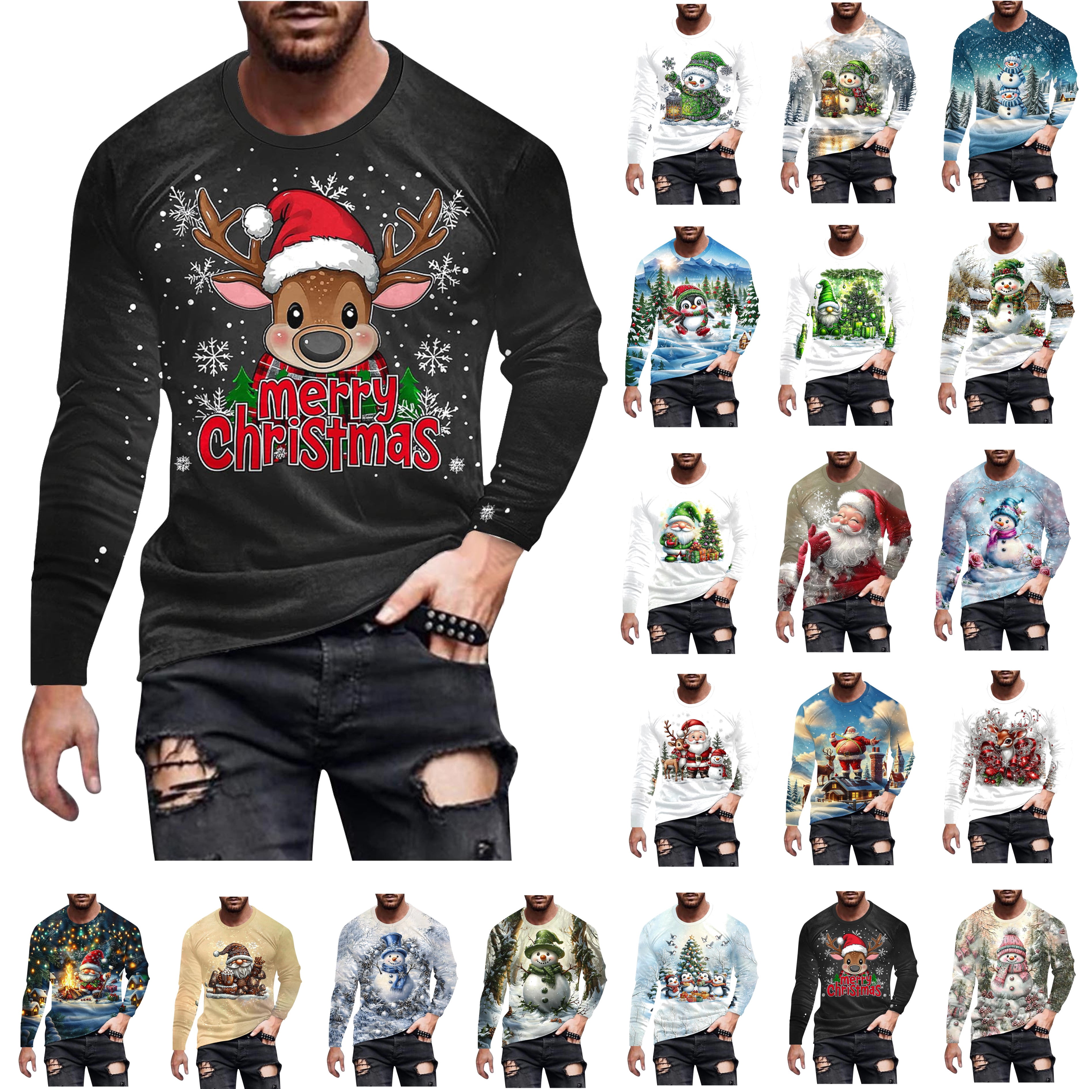 Feancey Christmas Long Sleeve Shirt Men Funny Santa Claus Graphic Tees ...
