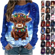 Feancey Christmas Long Sleeve T Shirts for Women Novelty Print Crewneck Pullover Tops Holiday Casual Loose Tunic Sweatshirts Teen Girl Gifts Multicolor M