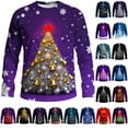 thumbnail image 1 of Feancey Christmas Long Sleeve Tee Shirts for Men Big and Tall Fashion Xmas Tree Print Crewneck Pullover Holiday Casual Loose Tshirts Purple 3XL, 1 of 6