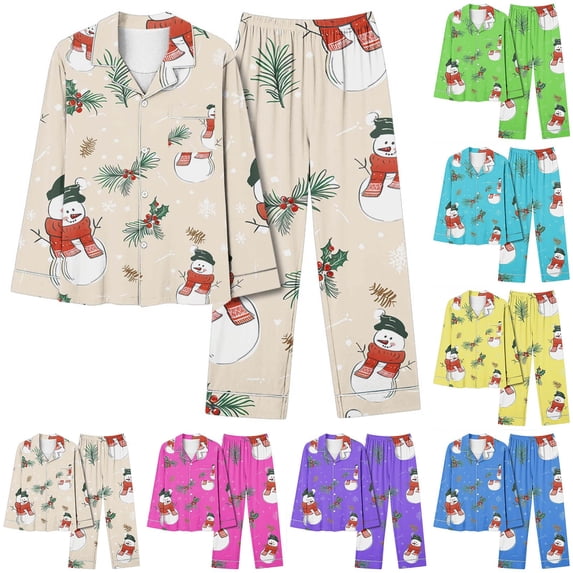 Feancey Christmas Pajama Sets for Women Cute Snowman Print Loungewear Set Soft Long Sleeve Button Down Pjs and Pants 2 Piece Outfits Pink S