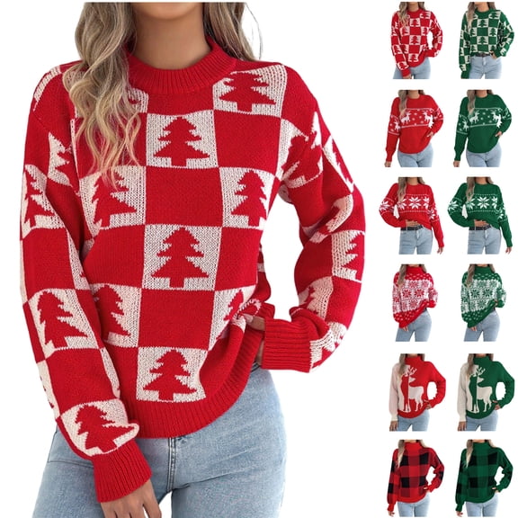 Feancey Christmas Plaid Sweaters for Women Turtleneck Long Sleeve Pullover Tops Winter Warm Cotton Knit Sweater Loose Fit Casual Jumpers Red XL