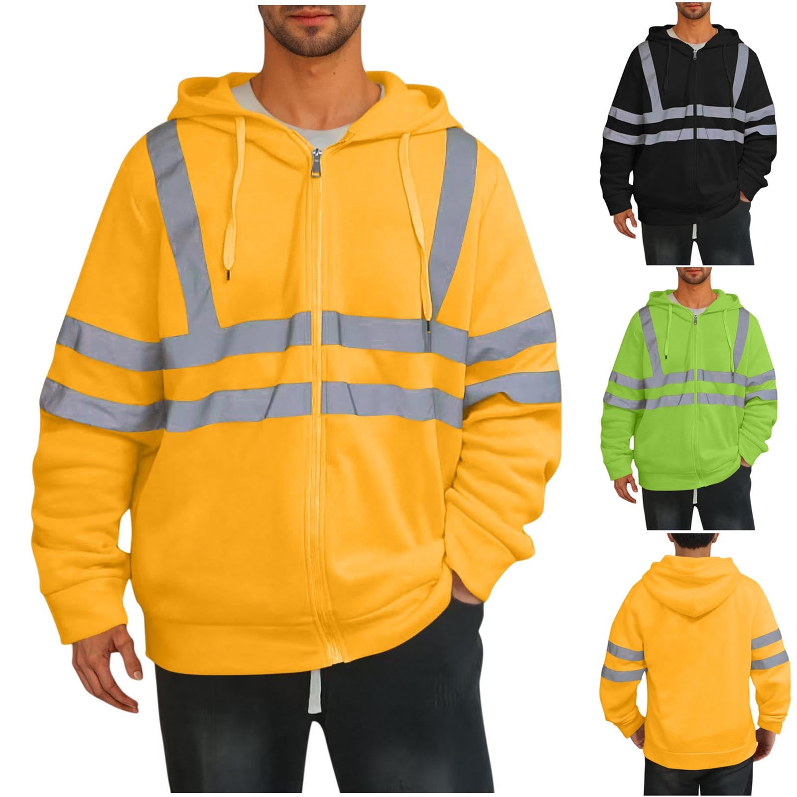 Feancey Christmas Gifts Safety Zip Up Hoodies for Men Reflective Zipper Hooded Sweatshirt Big and Tall Outdoor Hi-Vis Work Jackets with Hood Black M