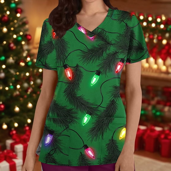 Feancey Christmas Scrub Tops Women Holiday Novelty Print Working T-Shirt Stretchy Short Sleeve V Neck Nursing Shirt Loose Fit Casual Medical Scrubs Green L