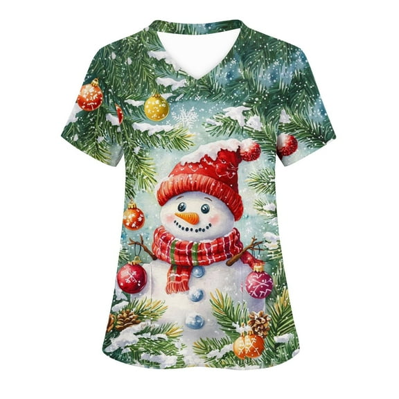 Feancey Christmas Scrubs Shirts for Women Cute Snowman Print Plus Size Scrub Tops Stretchy Short Sleeve V Neck Nursing Uniforms Comfy Loose Workwear Tee Multicolor S