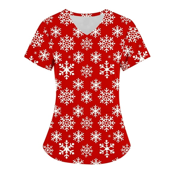 Feancey Christmas Scrubs Tops for Women Snowflake Printed V-Neck Medical Shirts Xmas Casual Short Sleeve Nurse Uniform Tunic Top with Pockets Lighten Multicolor XL