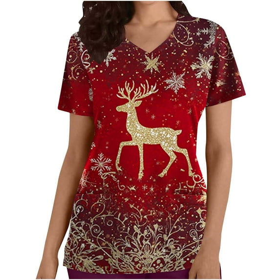 Feancey Christmas Scrubs for Women Reindeer Printed Stretchy Scrub Tops Holiday Casual Short Sleeve V-Neck Tunic Blouse with Pockets Christmas on Sale Multicolor XL