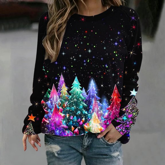 Feancey Christmas Sweatshirts for Women Raglan Long Sleeve Crewneck Pullovers Novelty Xmas Tree Graphic Sweatshirts Lightweight Winter Party Tops M