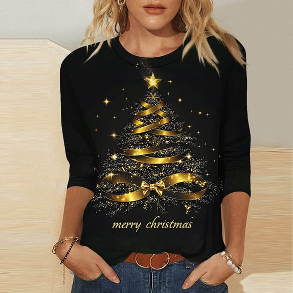 Feancey Christmas T-Shirts for Women Holiday Casual Plus Size 3/4 Sleeve Tops Novelty Xmas Tree Print Round Neck Blouse Comfy Loose Pullover Tee Black M