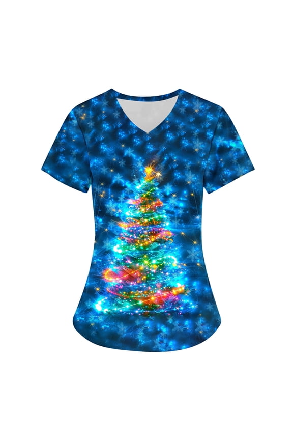 Christmas Tree Scrubs for Women Stretchy Soft Nursing Scrub Tops Xmas Fashion Print Tunic Blouse Holiday Casual V Neck Working T-Shirts with Pockets Sales Today Clearance Multicolor#13 XL