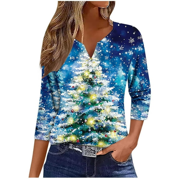 Feancey Christmas V Neck Tunic Tops for Women Dressy Casual 3/4 Sleeve Henley Shirt Novelty Xmas Tree Print Graphic Tees Holiday Party Blouse Blue XL