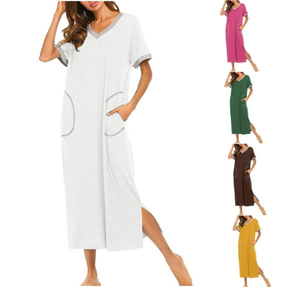 Feancey Clearance Sale Long Fall Nightgowns for Women Short Sleeve V Neck Midi Sleep Dress Side Split Casual Loose Nightshirts Cozy Soft Loungewear with Pockets White L