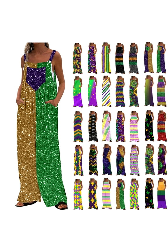Clearance Sale Mardi Gras Party Jumpsuits for Women Glitter Sequin Rompers Dressy Trendy Sleeveless Wide Leg Pants Bib Overalls Carnival Parade Jumpsuit with Pockets Multicolor XXL