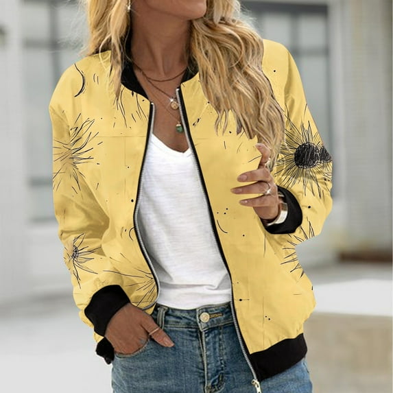 Feancey Clearance Sale Today Lightweight Floral Jackets for Women 2025 Fashion Full ZipBomber Jacket Winter Long Sleeve Flight Jacket Comfy Elastic Ribbed Varsity Jackets Multicolor L