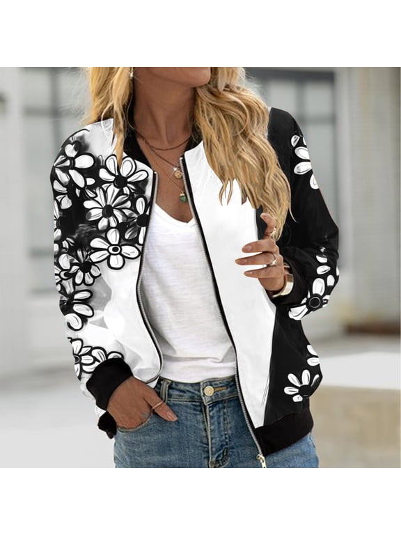 Clearance Sale Today Womens Full Zip Jackets Elastic Ribbed Bomber Jacket 2025 Winter Floral Print Flight Jackets Coat Casual Lightweight Windbreaker Varsity Jacket Multicolor M