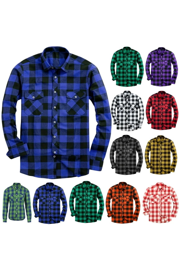 Clearance Sales Fashion Plaid Shirt for Men Button Down Casual Flannel Shirts Regular Fit Long Sleeve Lightweight Shackets with Pockets Green L