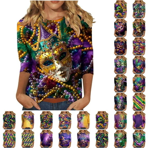 Feancey Ladies Mardi Gras Tops Carnival Themed 3/4 Sleeve T-Shirts for Women Novelty Mask Graphic Tee Trendy Party Blouse Loose Crewneck Pullover Purple XL