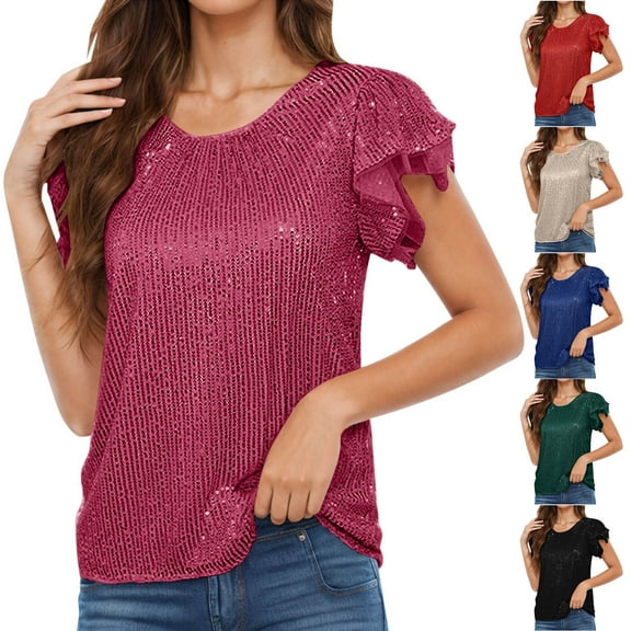 Feancey Sequin T Shirts for Women Dressy Ruffle Short Sleeve Glitter Blouses Round Neck Loose Fit Cocktail Party Tops Sparkly Trendy Tunics Khaki L