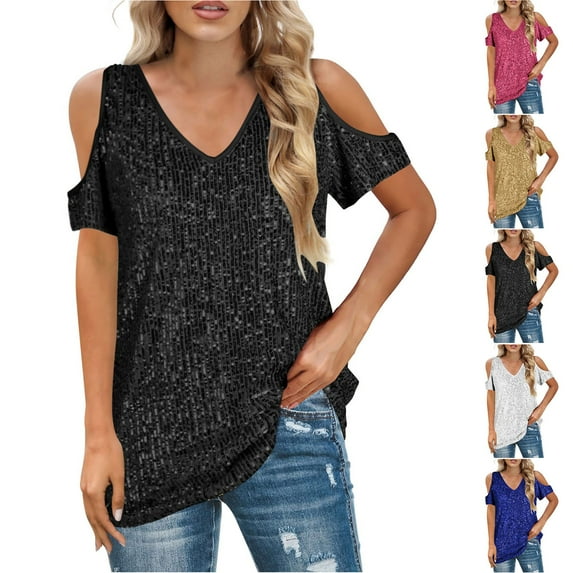 Feancey Sequin Tops for Women Cold Shoulder Sparkly Holiday Party T Shirts Glitter Short Sleeve V Neck Summer Blouse Elegant Casual Loose Tunics Gold L