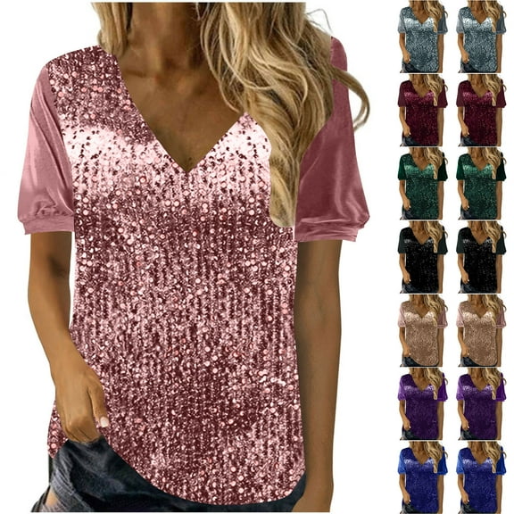 Feancey Sparkly Tops for Women Sequin Splicing Velvet T Shirts Dressy Casual Short Sleeve V Neck Glitter Blouses Spring Summer Elegant Party Tee Shirts Purple S