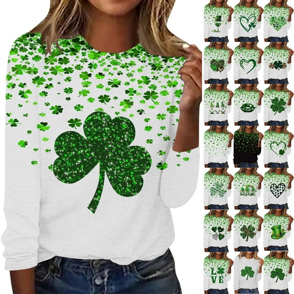 Feancey St Patricks Day Long Sleeve Tops for Women Trendy Shamrock Print T-shirts Dressy Casual Round Neck Blouse Loose Holiday Graphic Tees Green 5XL