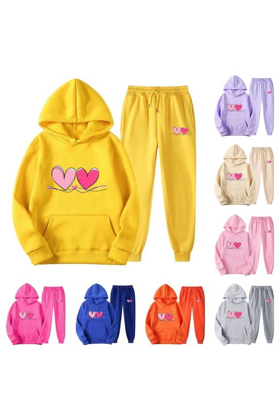 Clearance Sales Today Valentines Day Sweatsuit for Women Plus Size Casual Hooded Set Novelty Love Heart Print Hoodies and Lounge Pants Two Piece Sets Hot Pink M