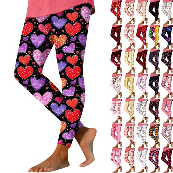 Feancey Lighting Sales Valentines Day Women's Leggings Workout High Waisted Yoga Tights Novelty Heart Print Stretchy Tummy Control Running Pants Spring Trendy Clothes Multicolor XL
