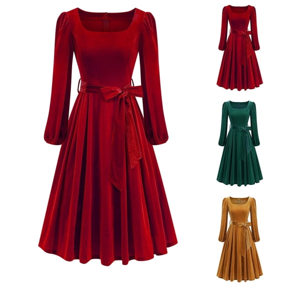 Feancey Cocktail Dresses for Women Velvet Long Sleeves Square Neck Midi Dress Vintage Wedding Guest Dresses Formal Church Dress with Bow Belt Red XL
