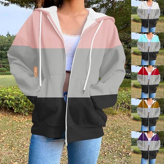 Feancey Color Block Zip up Hoodies for Women Long Sleeve Oversized Sweatshirt Jacket Fall Lightweight Zipper Hooded Jackets with Pockets Yellow S