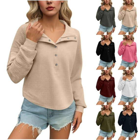 Feancey Corduroy Long Sleeve Shirts for Women Half Button Collar Pullover Tops Fall Casual Lightweight Sweatshirt Solid Color Loose Tunic Tees Navy S