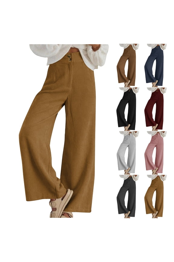 Corduroy Palazzo Pants for Women Button High Waisted Sweatpants Loose Fit Straight Wide Leg Work Pants Business Casual Dress Pants with Pockets Black XL