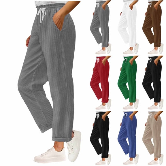 Feancey Corduroy Pants Women Loose Fit Straight Leg Casual Pants Elastic Drawstring Waist Lounge Pants Solid Color Comfy Trousers with Pockets Beige S