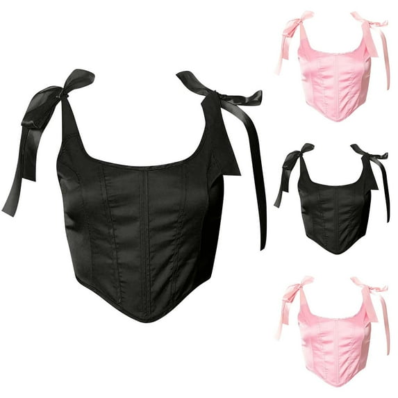 Feancey Corset Top for Women Boned Overbust Bustiers Halloween Bow Tie Strap Lingerie Solid Color Vintage Lace Up Back Corsets Elegant Crop Tops Black S