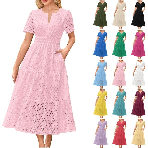 Feancey Cotton Dresses for Women 2025 Summer Short Sleeve Maxi Dress V Neck Casual Hollow Out T Shirt Dresses High Waist Flowy A-Line Dress with Pockets Dark Blue XS