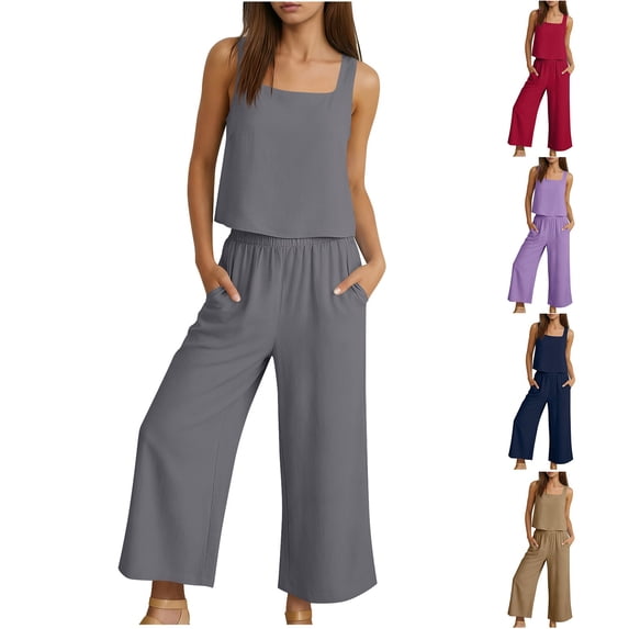 Feancey Cotton Linen 2 Piece Set Women Lounge Capri Sets Loose Fit Sleeveless Crop Top Wide Leg Cropped Trousers Travel Outfits with Pockets Khaki M