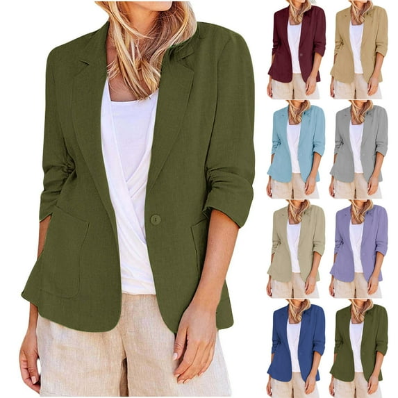 Feancey Cotton Linen Blazers for Women Ruched 3/4 Sleeve Plus Size Suit Jacket Lightweight Casual One Button Blazer Jackets with Pockets Wine 3XL