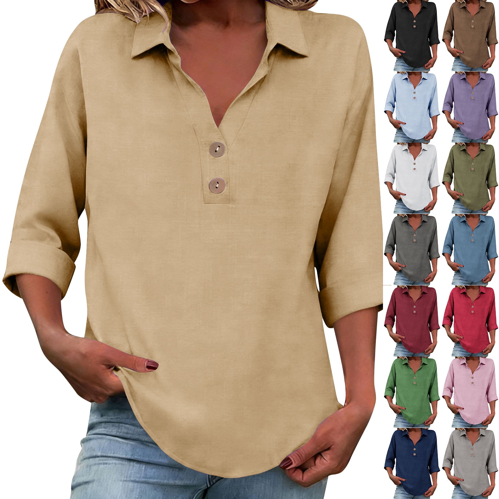 Feancey Cotton Linen Blouses for Women 3/4 Sleeve V Neck Lapel Collar ...